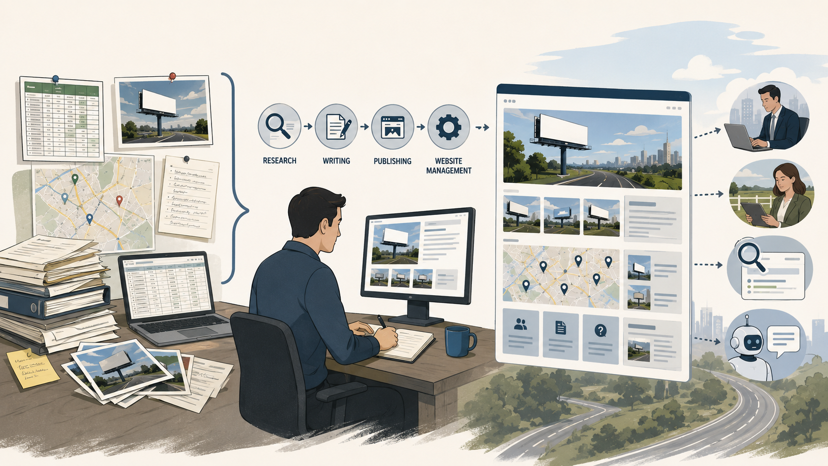 OOH Content Support turning billboard operator knowledge, inventory records, market information, and photos into organized website pages for advertisers and landowners.