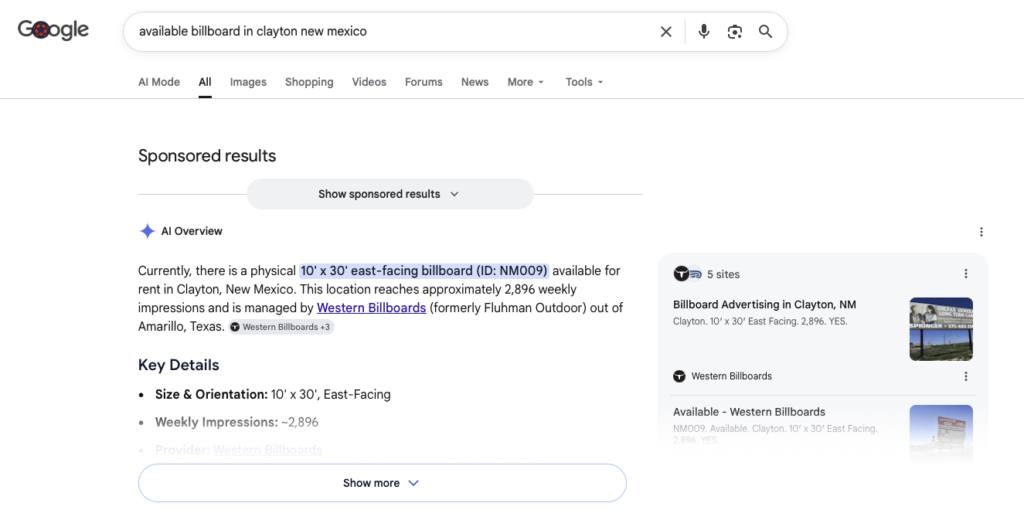 image of google search - “Available Billboard in Clayton, NM.” Here’s What Google Found.